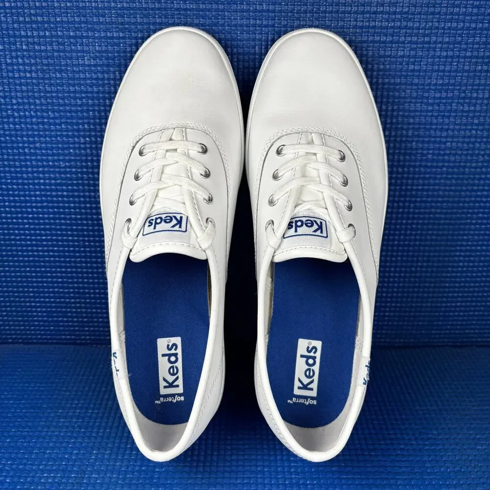 🔴 KEDS CHAMPION Women`s Size 7W White Leather Walking Comfort Shoes WH45750